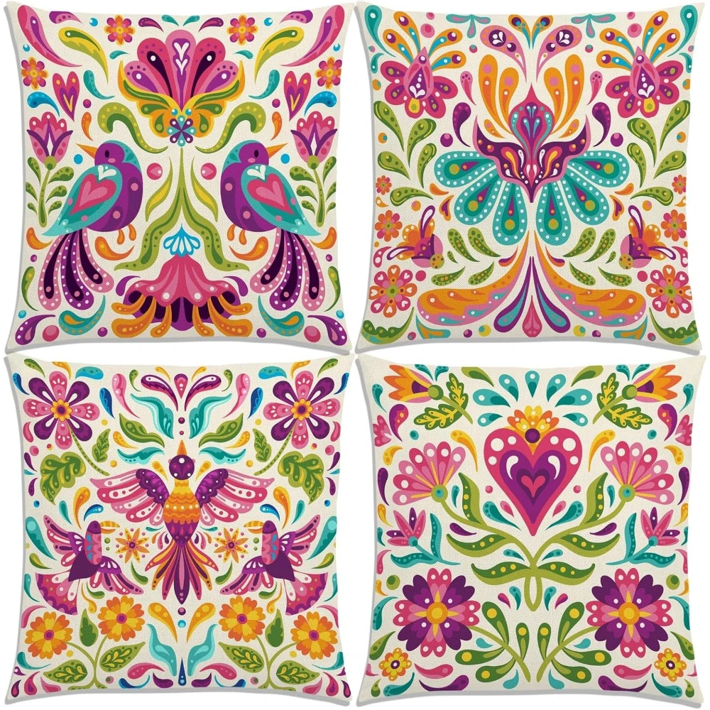 Mexican Otomi Throw Pillow Covers 18in 4pc Day of The Dead Cinco De Mayo Floral Mexico Let's Fiesta Decoration for Bed Couch