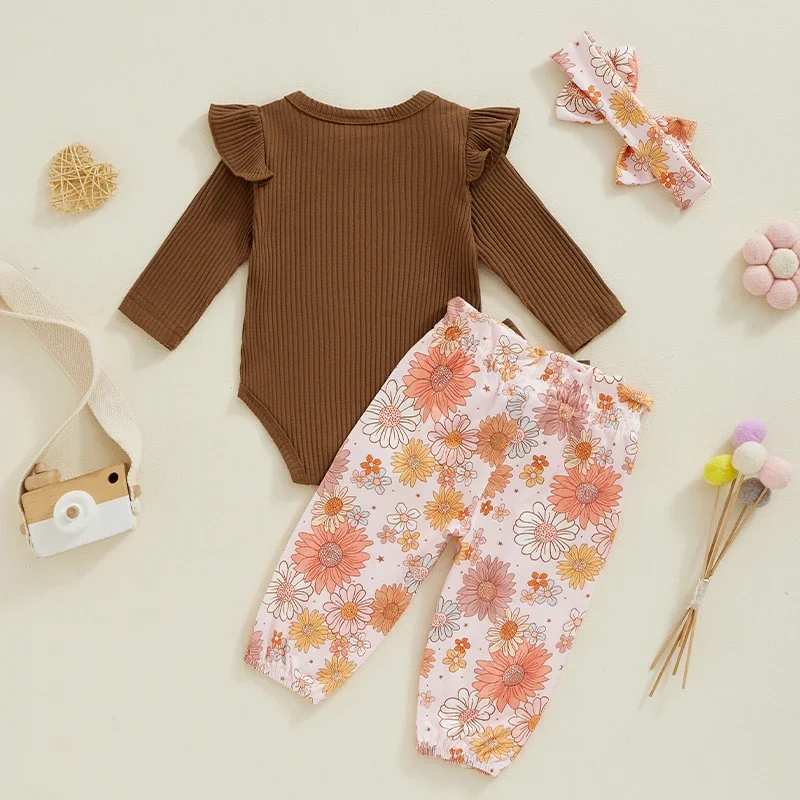 Toddler Baby Clothing Girl Spring Autumn Floral  Long Sleeve Bodysuits + Elastic Pants and Headband Newborn Clothes Sets