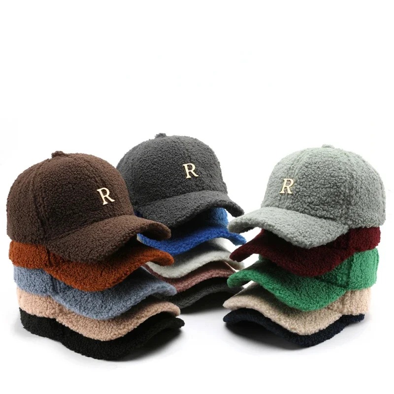 Winter Green Lambswool Baseball Caps For Men Brand Warm Women Hat Travel Windproof Face Cap Gold Letter Fashion Hats Gorras
