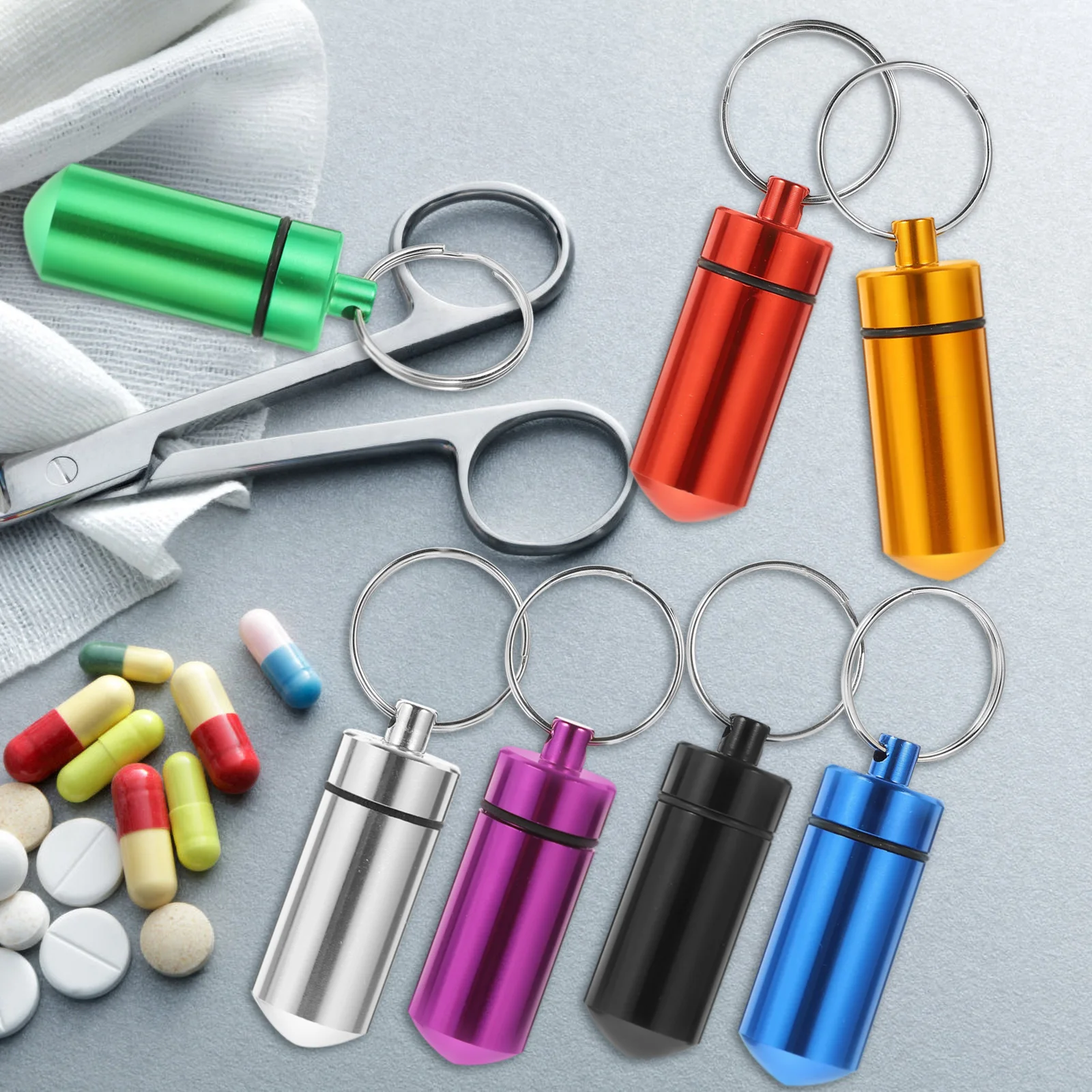 

7 шт. портативный органайзер для хранения лекарств, подвеска, маленький футляр для таблеток, брелок для ключей, дорожный контейнер, контейнер для аварийных инструментов, брелок
