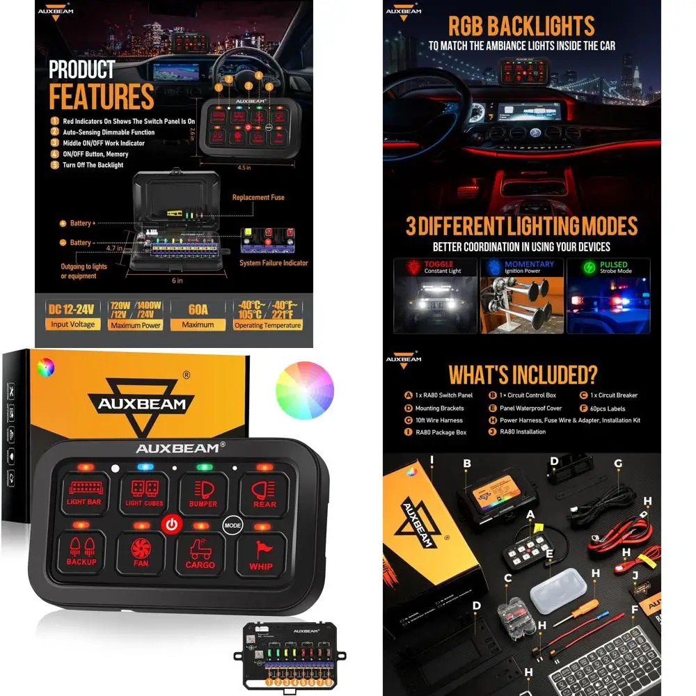 

8-панельная панель переключателей RA80 с мгновенным импульсным переключателем RGB с регулируемой яркостью, многофункциональная панель переключателей, простая установка, морской переключатель IP6