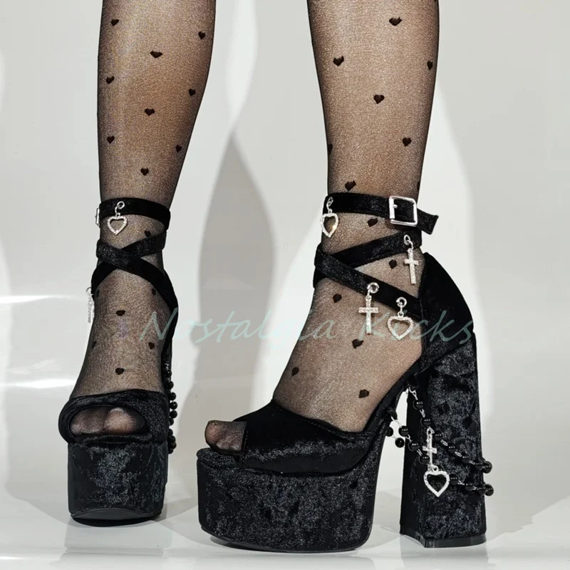 Gothic Black Velvet Platform High Heel Sandals Chunky Cross Buckle Strappy Peep Toe Pumps Punk Dark Fashion Women's Shoes