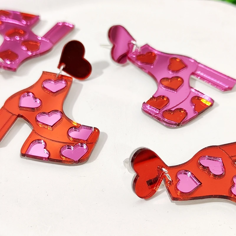 KUGUYS High-heeled Sandals Pink Heart Earrings for Women Fashion Jewelry Cute Cool Trendy Acrylic Y2K Accessories