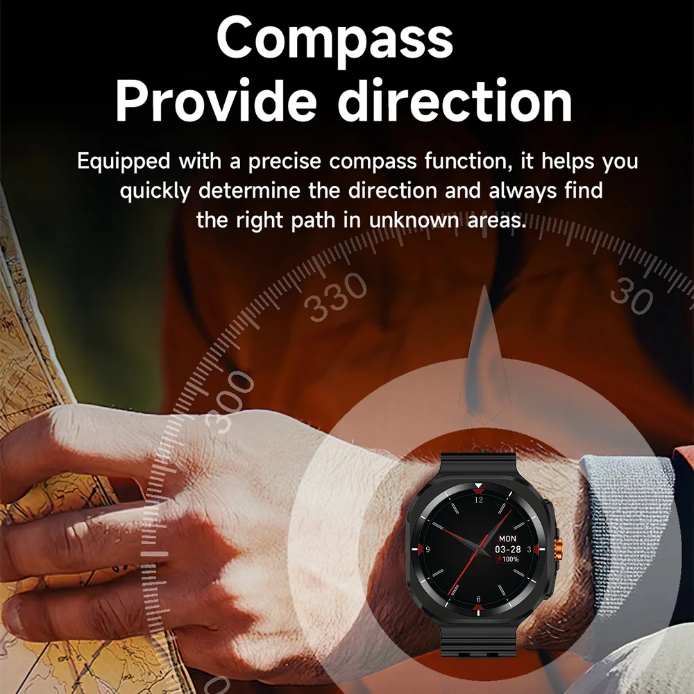 البوصلة Smartwatch 1.46 AMOLED الرجال BT دعوة معدل ضربات القلب خطوة العد ساعة تنبيه 100 + أوضاع رياضية شحن لاسلكي مقاوم للماء IP68