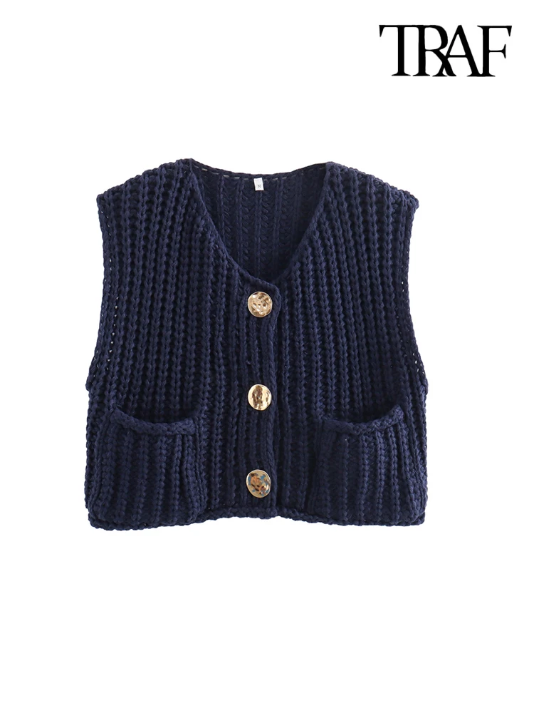 TRAF-Women\'s Crop Knit Vest with Metal Buttons, Front Pockets, O Neck, Sleeveless Sweater, Female Waistcoat, Chic Tops, Fashion