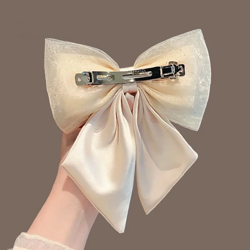 Ribbon Bow Hair Clips for Women Pearl Crystal Temperament Elegant Headpiece Spring Clip Headwear Korean Hair Accessories