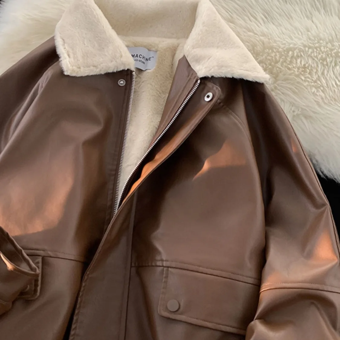 

Women's Collar Leather Jacket Added Fleece Thick Cotton Coat Winter American Style High Street Pilot Jacket Cotton Jacket