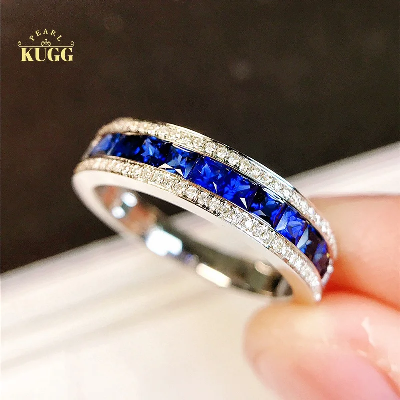 

KUGG 18K White Gold Rings Fashion Shiny Design Real Natural Sapphire Luxury Diamond Gemstone Ring for Women High Party Jewelry