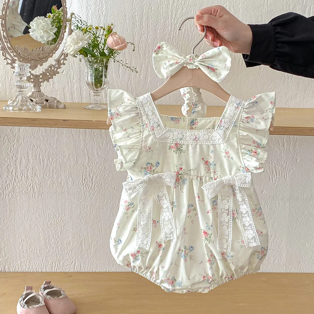 ZOETOPKID Baby Girl Outfits Sweet Flare Sleeve Lace Bow Bodysuit Floral Print Rompers Princess Dress Summer Toddler Clothes