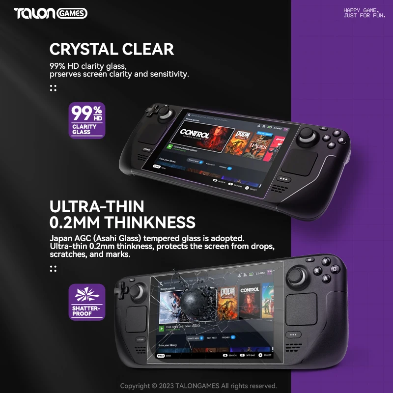 Talongames ฟิล์มป้องกันหน้าจอ0.2มม. 2ชิ้นสำหรับเด็ควาล์วไอน้ำ/เกมคอนโซลโอแอลฟิล์มกระจกนิรภัย9H