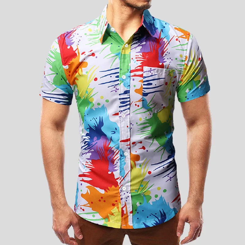 2025 Summer New Men's Fashion Urban Loose and Versatile Leisure Beach Printed Color Splash Ink Short Sleeve Collar Shirt