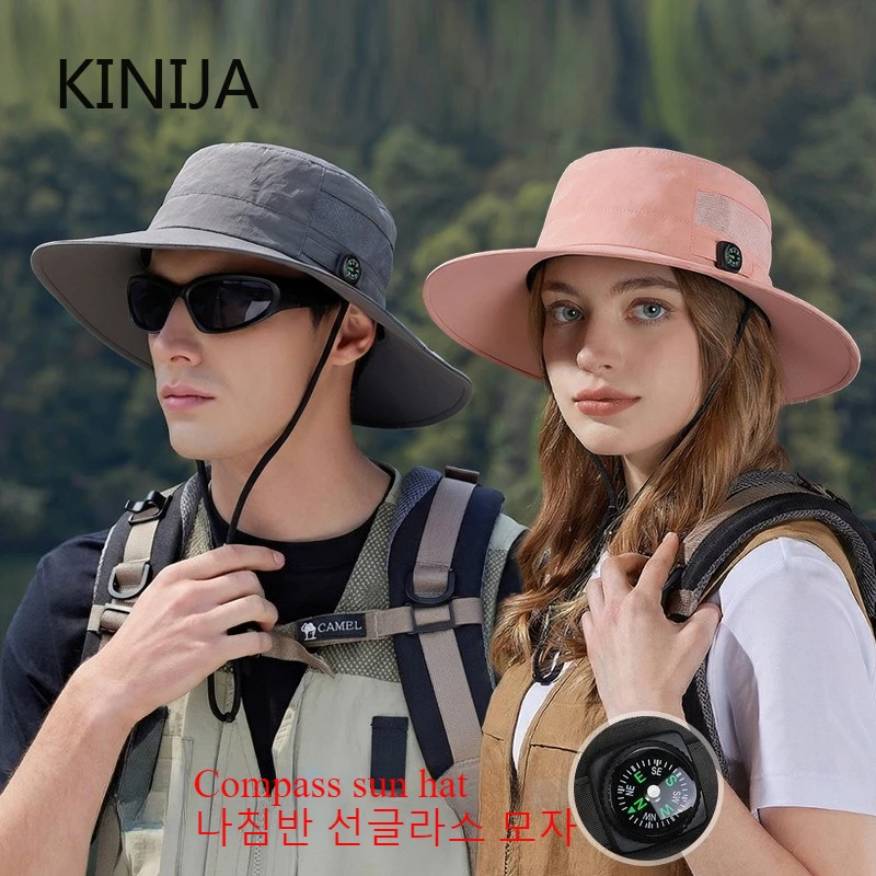 Sommer Herren Schnelltrocknende Gewaschene Fischerhüte mit Kompass Outdoor Casual Damen Reise Sonnenschutz Hut Wandern Jagd Angeln