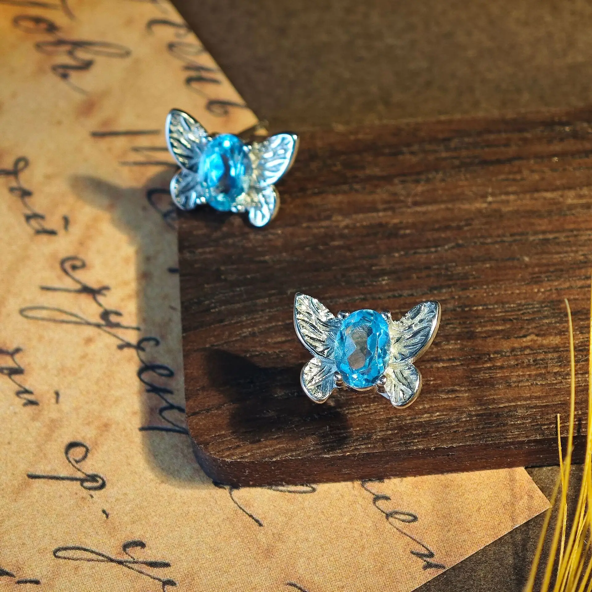 4*6mm Earring Butterfly Stud Earrings Blue Topaz Earring for Woman Prong Setting Birthday Gift