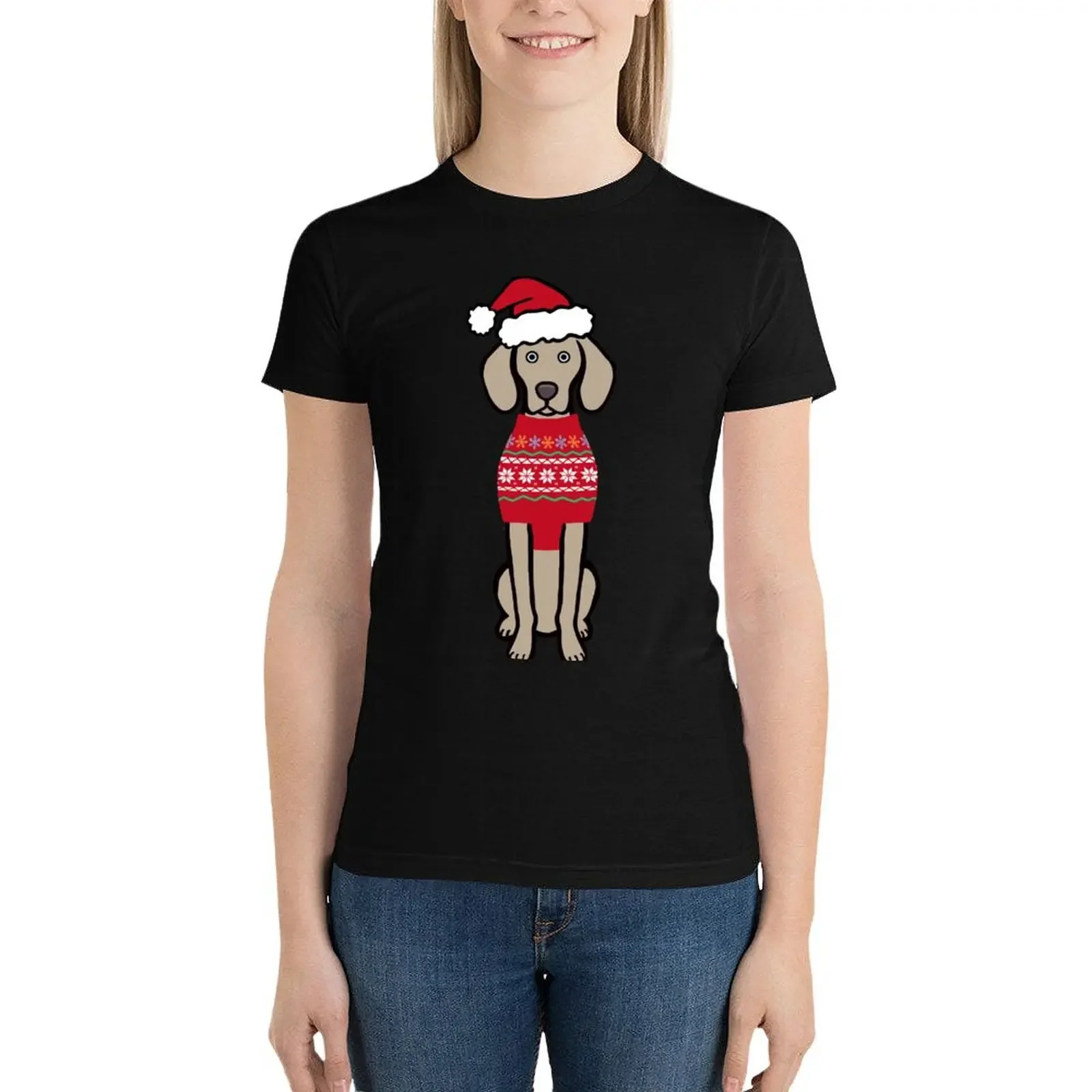 Weimaraner Christmas Santa Hat and Nordic Sweater T-Shirt aesthetic clothes Blouse Woman fashion