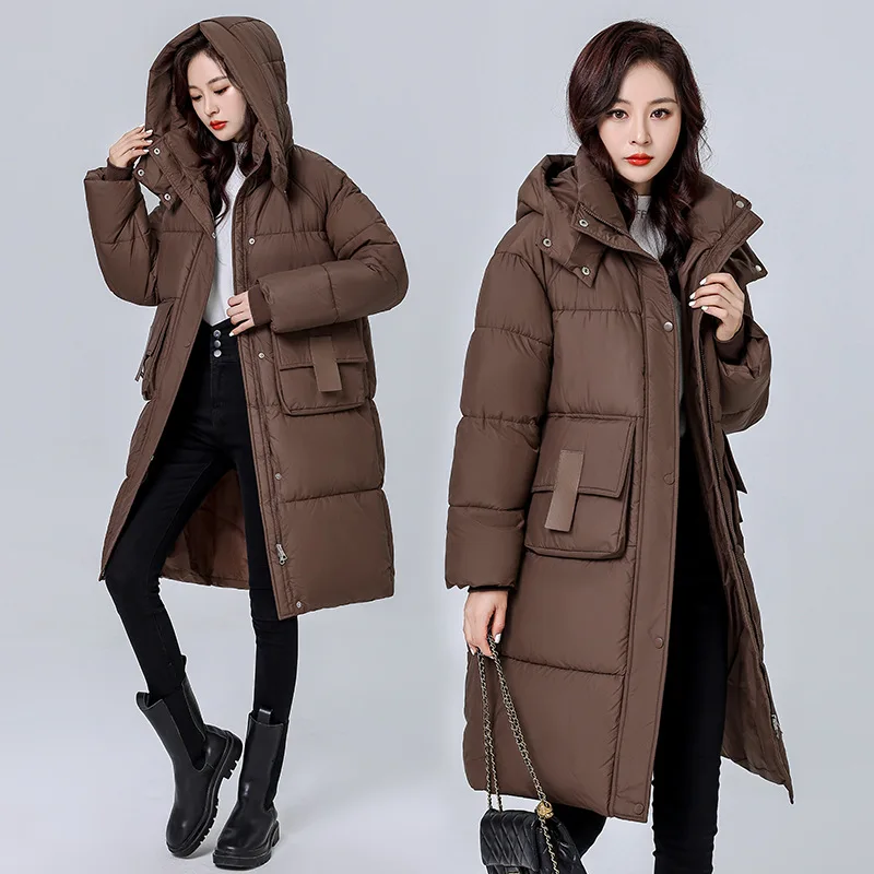 Long Down Cotton Jacket for Women in Winter 2024, New High-end Over The Knee Cotton Jacket, Loose and Thick Hooded Cotton Jacket