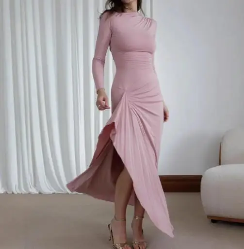 

Autumn Fashion Sexy Slim Cut Slit Dress for Women, Elegant Solid Color, Waist Cinched Pleated Design, Hip Hugging Dress