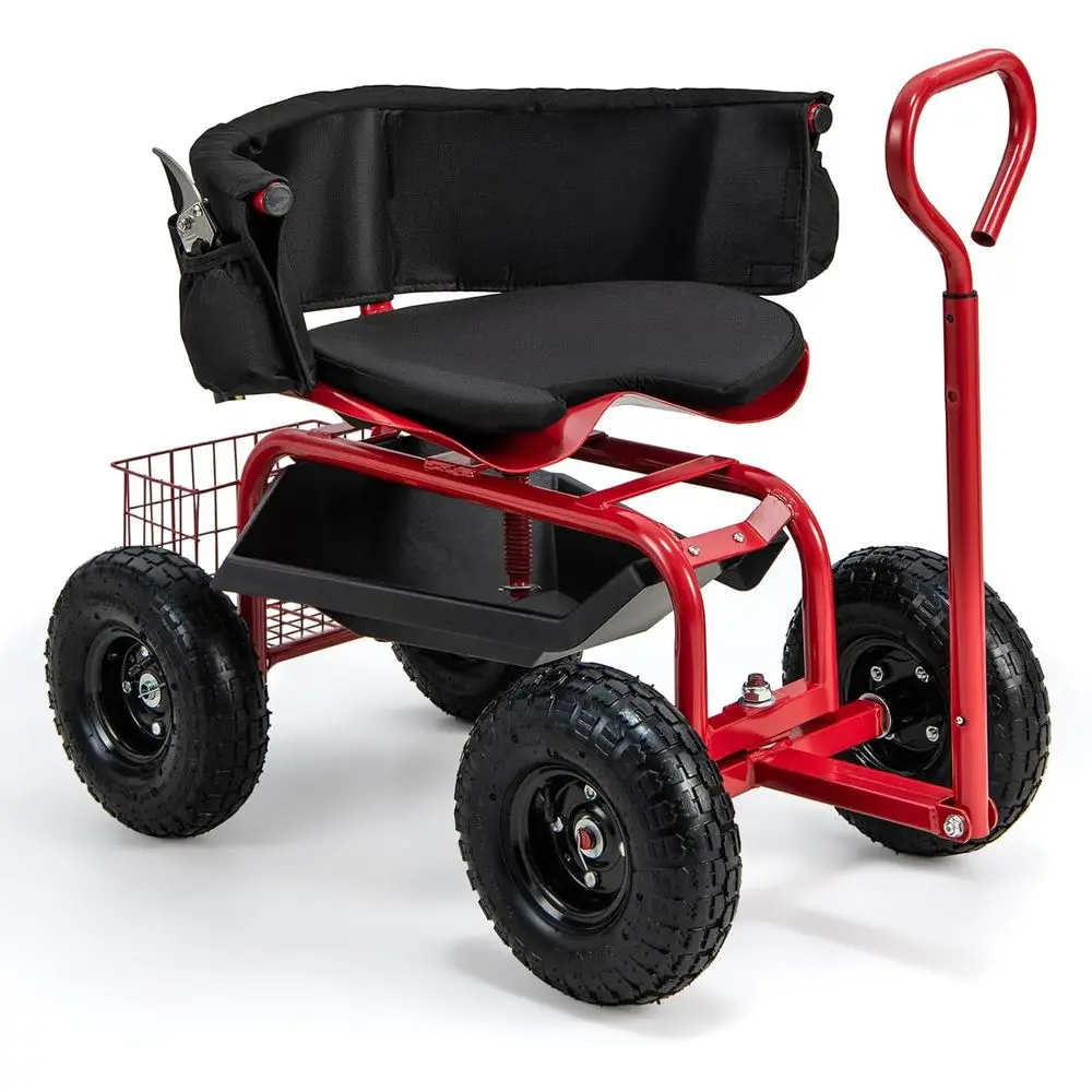 

Садовая тележка с сиденьем, садовый тележечный стул-скутер с 10-дюймовыми колесами для любой местности, регулируемой рулевой ручкой и съемной подушкой