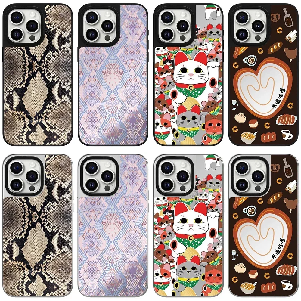 

Snake Pattern Lucky Cat Black Silver Border Magnetic Mirror Surface Phone Case Cover for IPhone 12 13 14 15 16 Pro Max Case