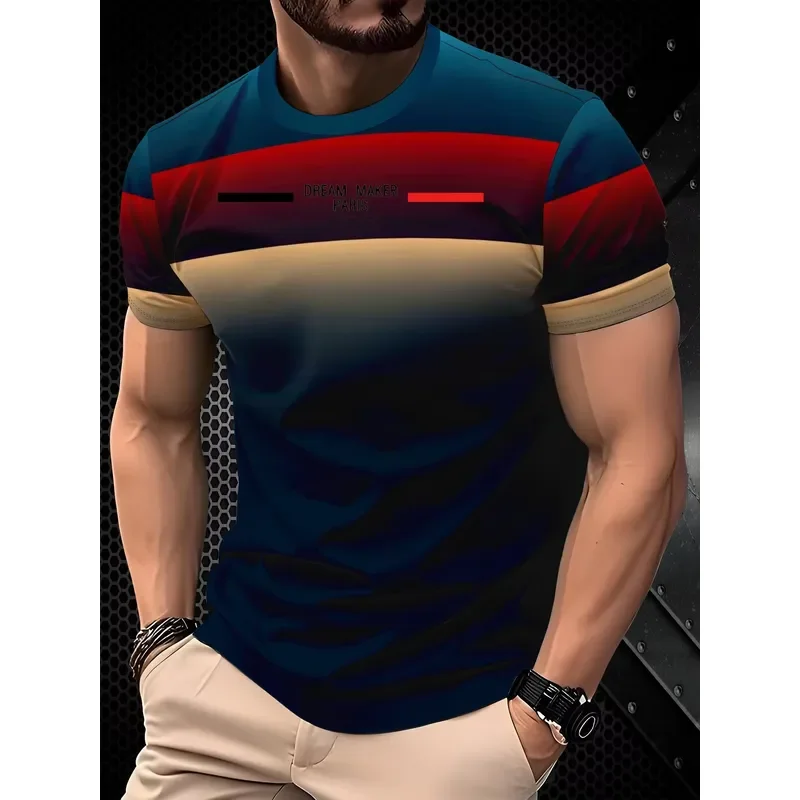 2026 Men's Classic Striped Color Block 3D Print T Shirt Summer Quick Dry Crew Neck Top Outdoor Streetwear Casual Tee