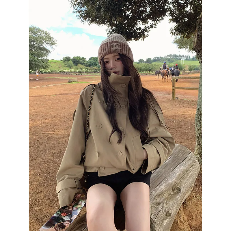 Short Casual British Style Women's Windbreaker Stand Collar Double Breasted Button Pocket Korean Version Commute Pure Color