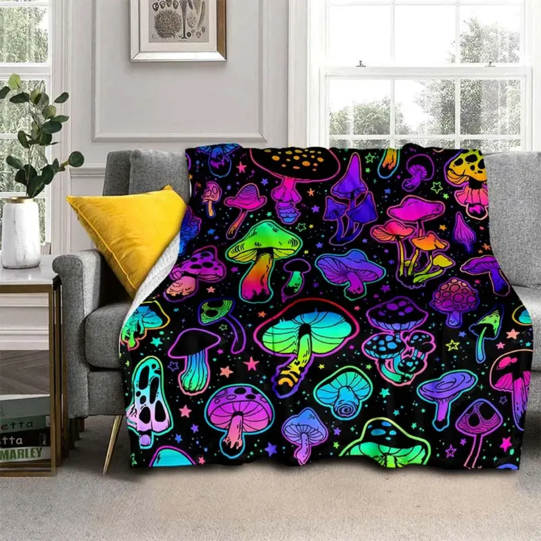 1pc Black Blanket Colorful Mushrooms Printed Flannel Blanket for Home Living Room Bedroom Decoration New Year Christmas Gift
