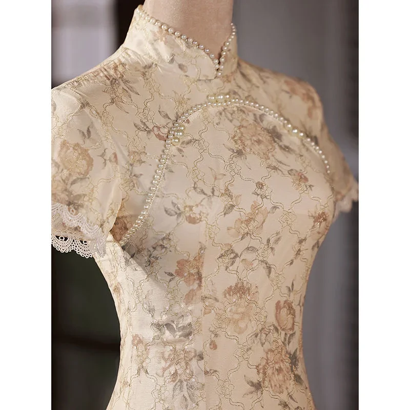 Summer New Gold Jacquard Beaded Chiffon Long Cheongsam Women Chinese Traditiona Retro Slim Fashion Modern Dress Girl China Qipao