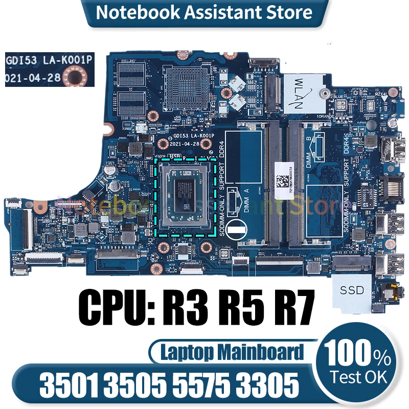 

For DELL 3501 3505 5575 3305 Laptop Mainboard LA-K001P 0GWD64 05HPX6 0P92W5 00VPNP 05HPX6 0DRFWY R3 R5 R7 Notebook Motherboard