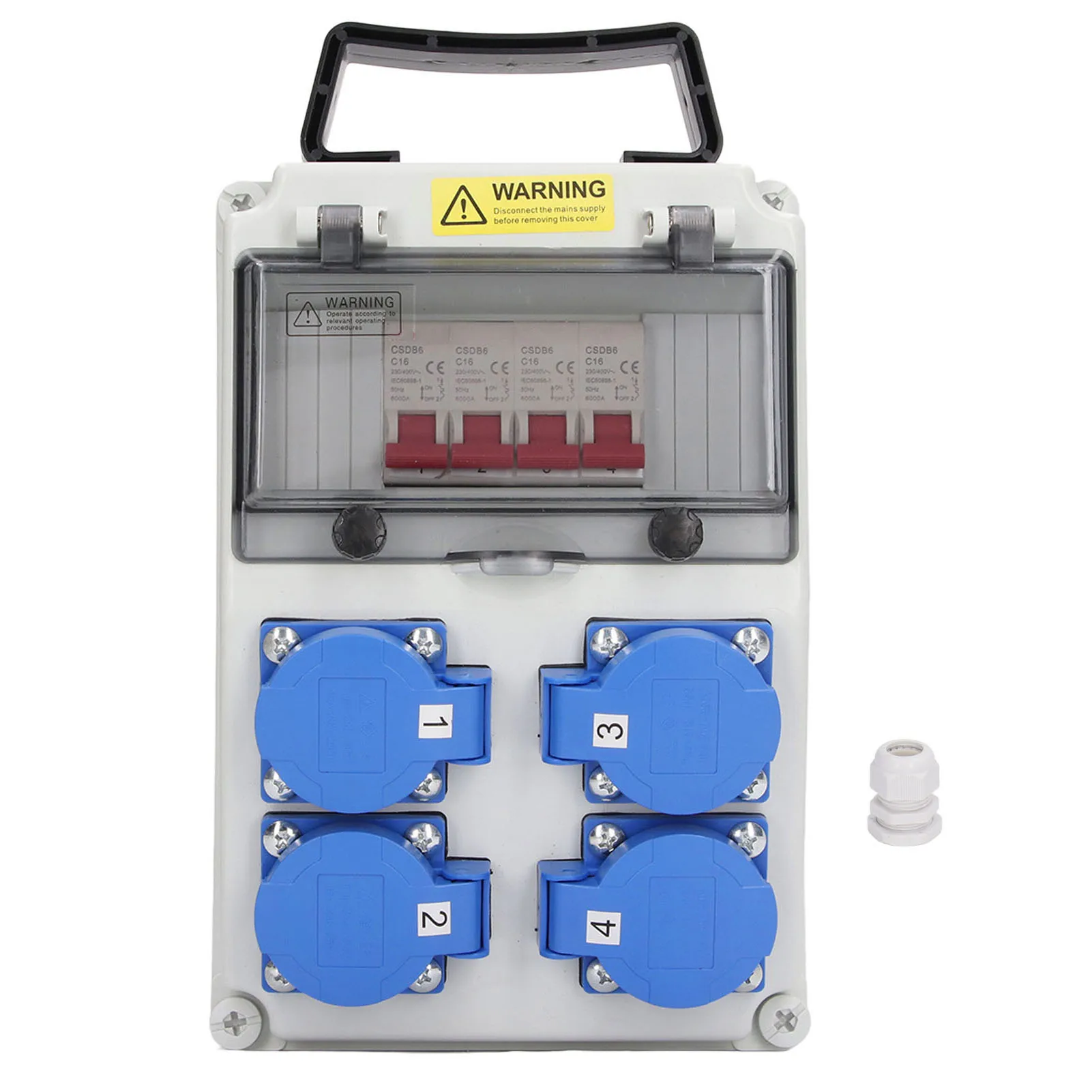 Distribuidor de Energía Portátil para Exteriores, Impermeable, con Interruptor de Circuito, 4 Tomas de 16A, 200-250V, para Jardín y Patio