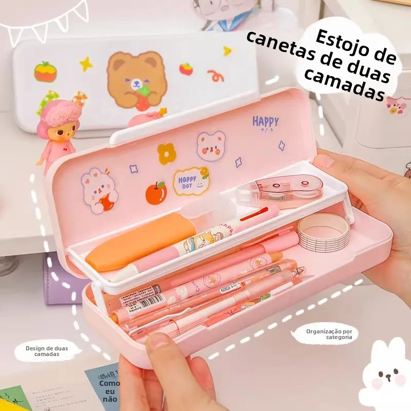 二層式パンダ文房具ボックス-大容量-学校用品収納ケース-女子学生向け-デスクオーガナイザー-プラスチックボックス