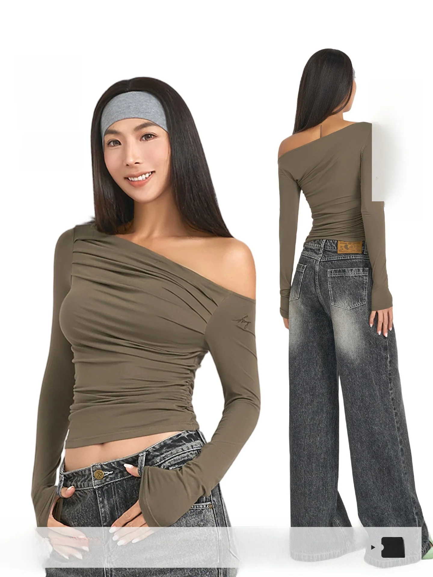 

ABMY American Style Hot Girl Pleated Asymmetrical Shoulder Long Sleeve T-Shirt Women Slimming Versatile Design Base Layer Top