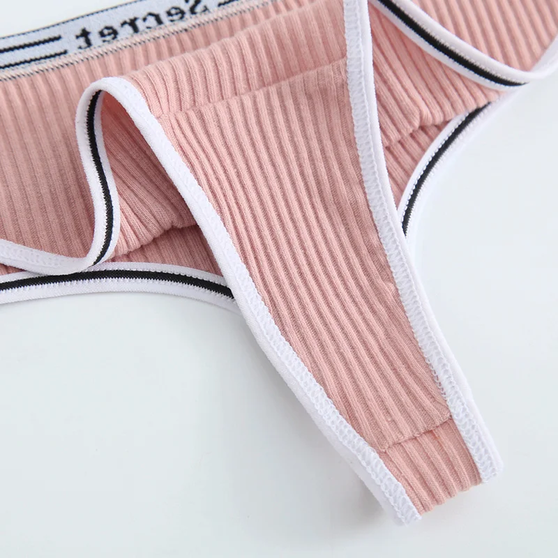 Women\'s Cotton Thongs Low Waist Sexy G String Solid Color Comfortable Panties Letter Printed Bowknot Decoration Female Underwear