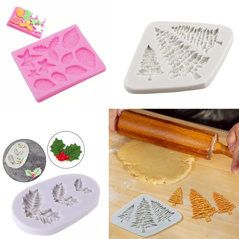 Christmas Tree Silicone Mold Holly Leaf Flower Mold Non-Stick DIY Fondant Baking Tools for Cake Decoration Chocolate Candy