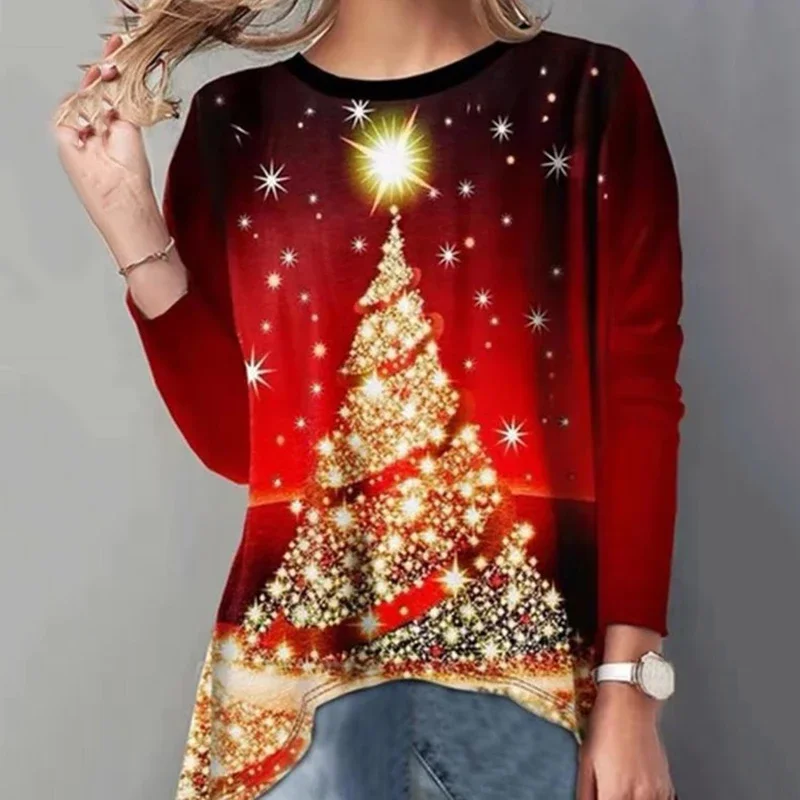 Fashion Christmas Tree Print Women's Red Long Sleeve Pullover Hoodless Casual Sweatshirt And Christmas Blouse Winter Fall Tops