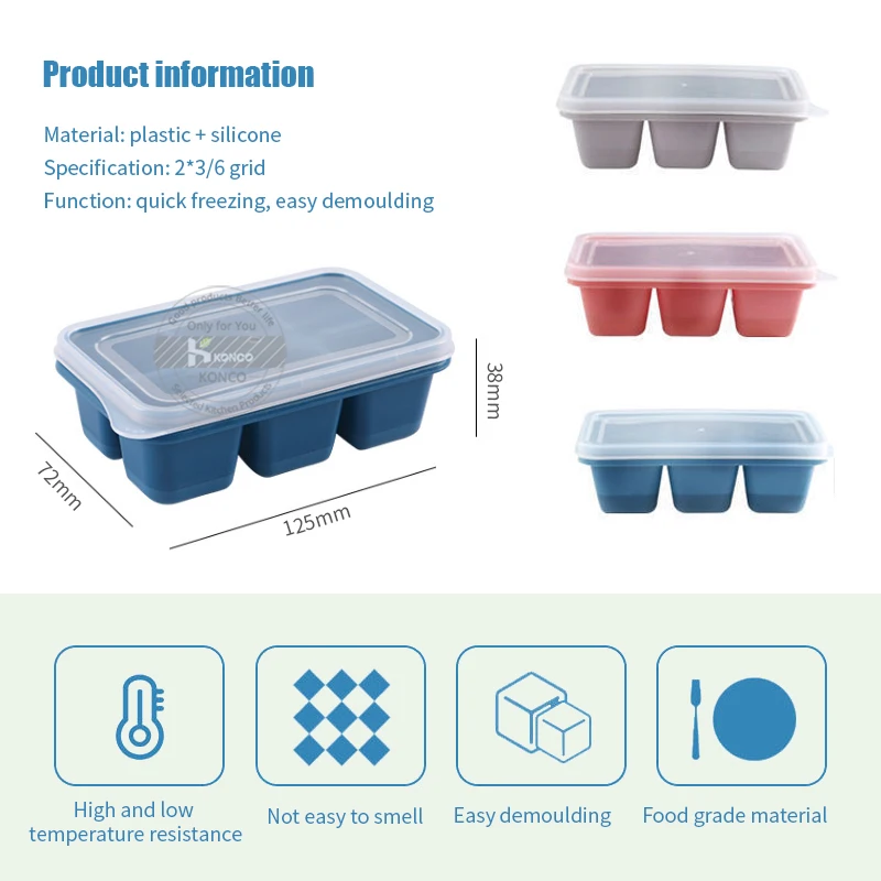 Konco 3 pieces Silicone Ice Cube Mold with Lid Ice Tray 6 grids Ice Maker Ice Cube Tray Household Refrigerator Ice Box