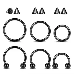 1/6PCS Nose Septum Rings 16G Surgical Steel Piercing Jewelry 8mm 10mm 12mm Horseshoe Lip Earring Eyebrow Hoop Black