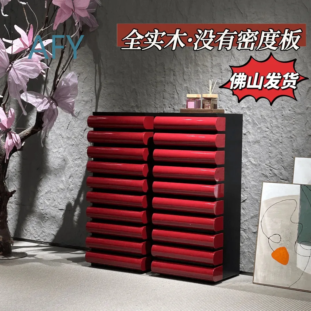 WJX2582 for Living Room Storage Cabinet for Piano with Dopamine Design Solid Wood Red Italian Style Dresser for Bedroom and