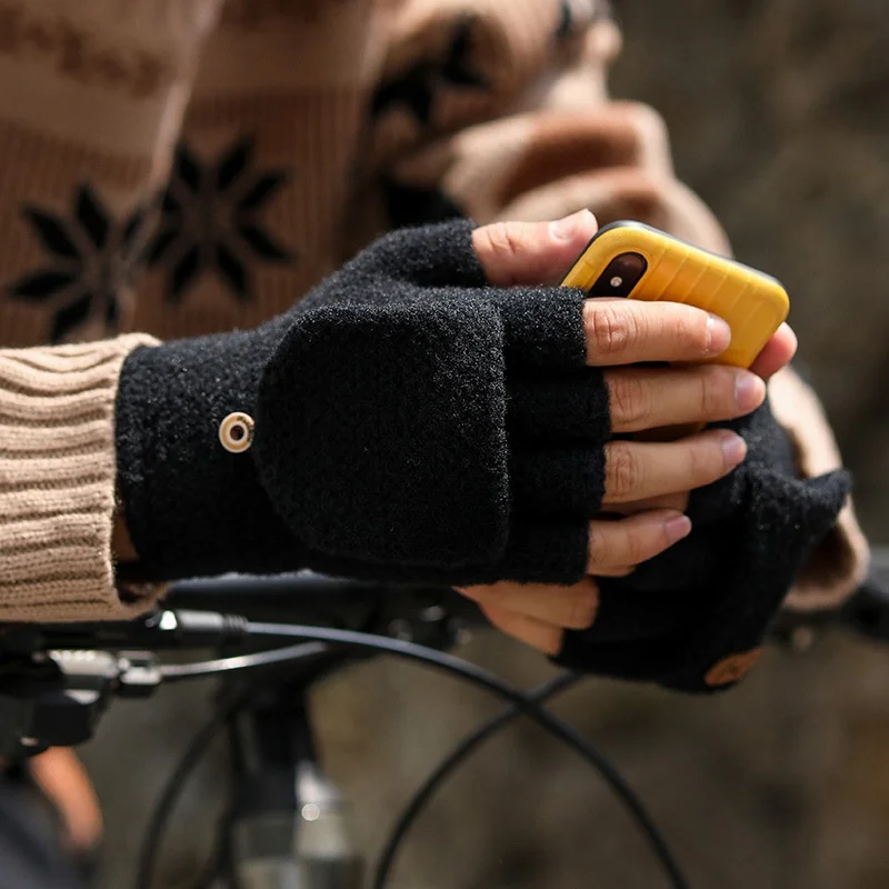 Knitted Woolen Gloves Men's Half Finger Warmth Riding Writing Korean Style Autumn Winter Flip Cover for Students Couples