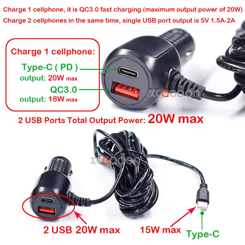 Szybka ładowarka samochodowa 5V 3A Type-C USB QC3.0 z portem Micro Mini Type-C do kamery samochodowej, detektora radarowego, GPS, kamery DVR, 3,5 metra — zdjęcie 3