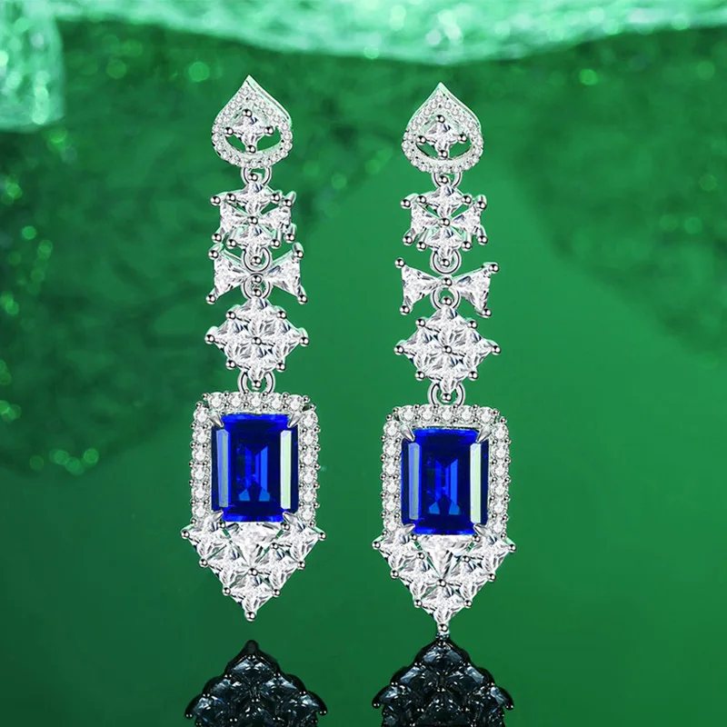 

100% S925 Silver 8x10MM Emerald High Carbon Diamond Drop Earrings Women's Wedding Commemorative Crystal Jewelry