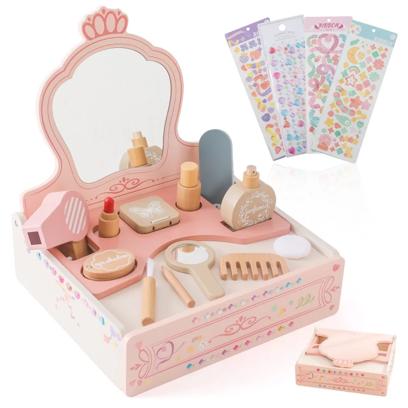 

New Girl princess play house makeup toys small dresser wooden table kids pink mirror Dress Up Toy Sets Cosmetics Kit Gift Box