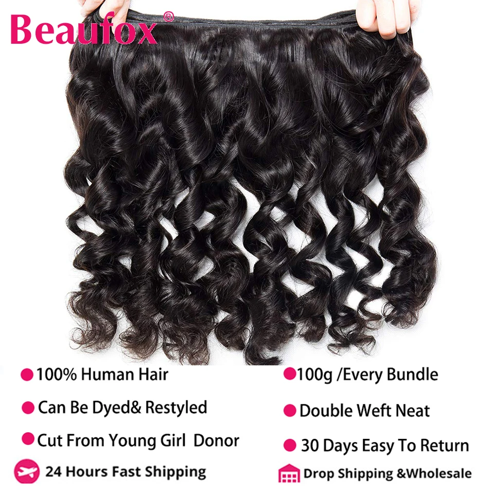 Beautfox bundel jalinan rambut manusia India 3 bundel kesepakatan bundel gelombang longgar warna alami/Jet hitam Remy bergelombang ekstensi rambut