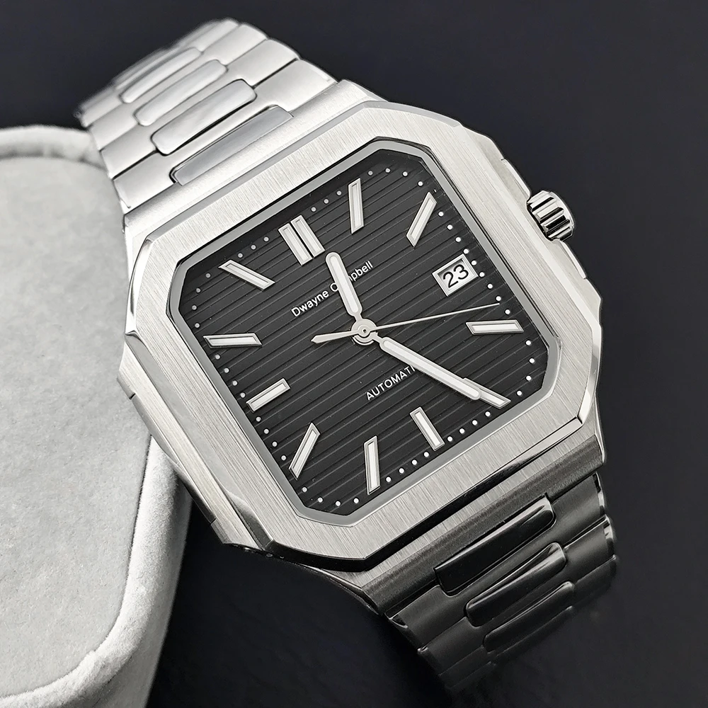 Часы для мужчин Dwayne Campbell Автоматические часы с сапфировым стеклом из нержавеющей стали с квадратным корпусом Зеленые светящиеся водонепроницаемые наручные часы