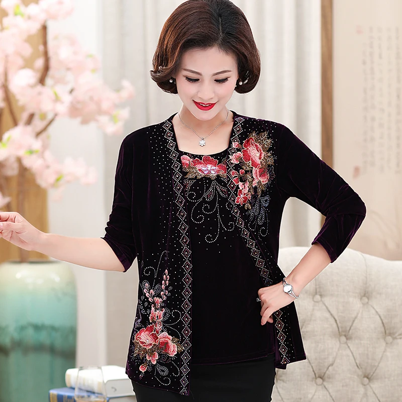 Nữ Giả Hai Mảnh Thêu Cardigan Xuân & Thu Hoa Velour Áo Nữ Dài Tay Vàng Nhung Thêu Áo Kiểu