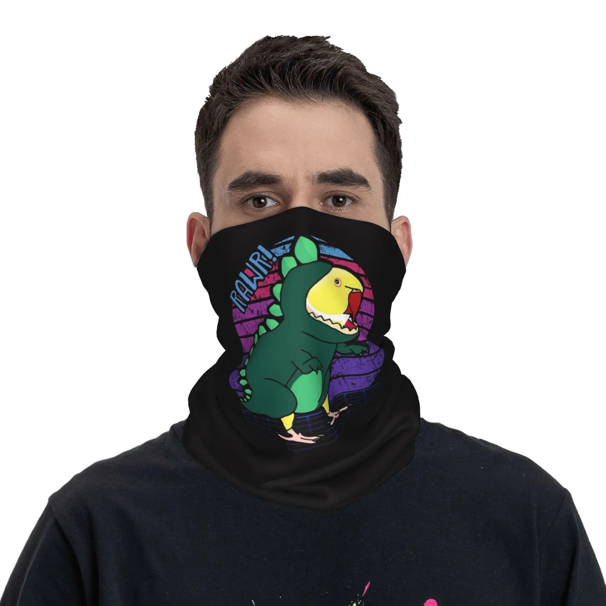 Vaporwave Yellow Ringneck Parrot Bird Dinosaur Bandana Neck Cover Printed Face Scarf Balaclava Riding Unisex Adult All Season