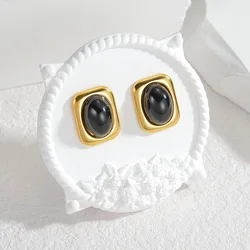 Stainless Steel Square Stud Earrings Inlaid Oval Black Agate For Women 18K Gold Plated Tarnish-proof Charm Jewelry Femme