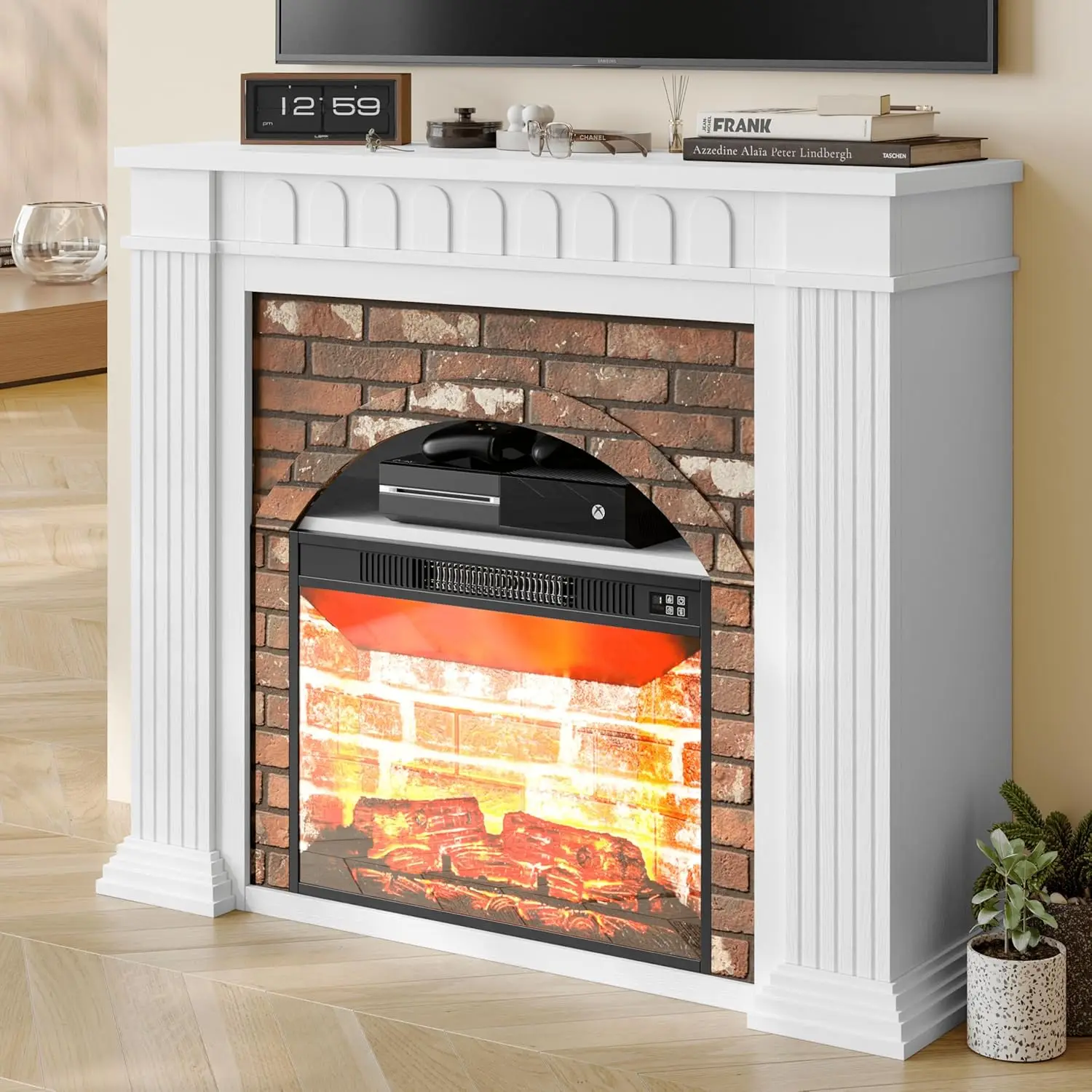 

44" Electric Fireplace with Mantel, Drawer Storage TV Stand with Freestanding Fireplace, Tall Fireplace Heater, Stacked Stone Su