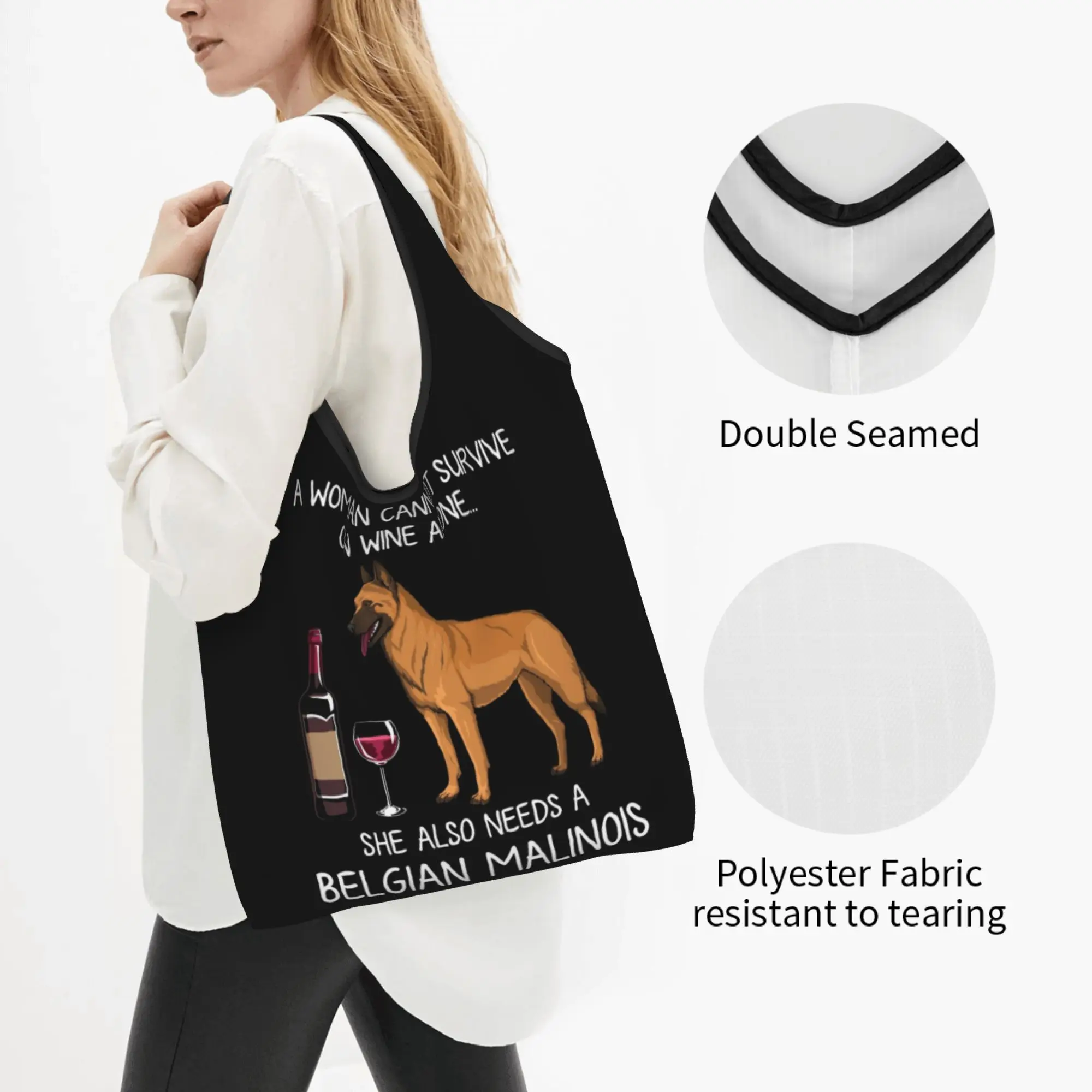Cute Belgian Malinois And Wine Funny Dog Shopping Tote Bags Portable Shepherd Animal Puppy Groceries Shoulder Shopper Bag