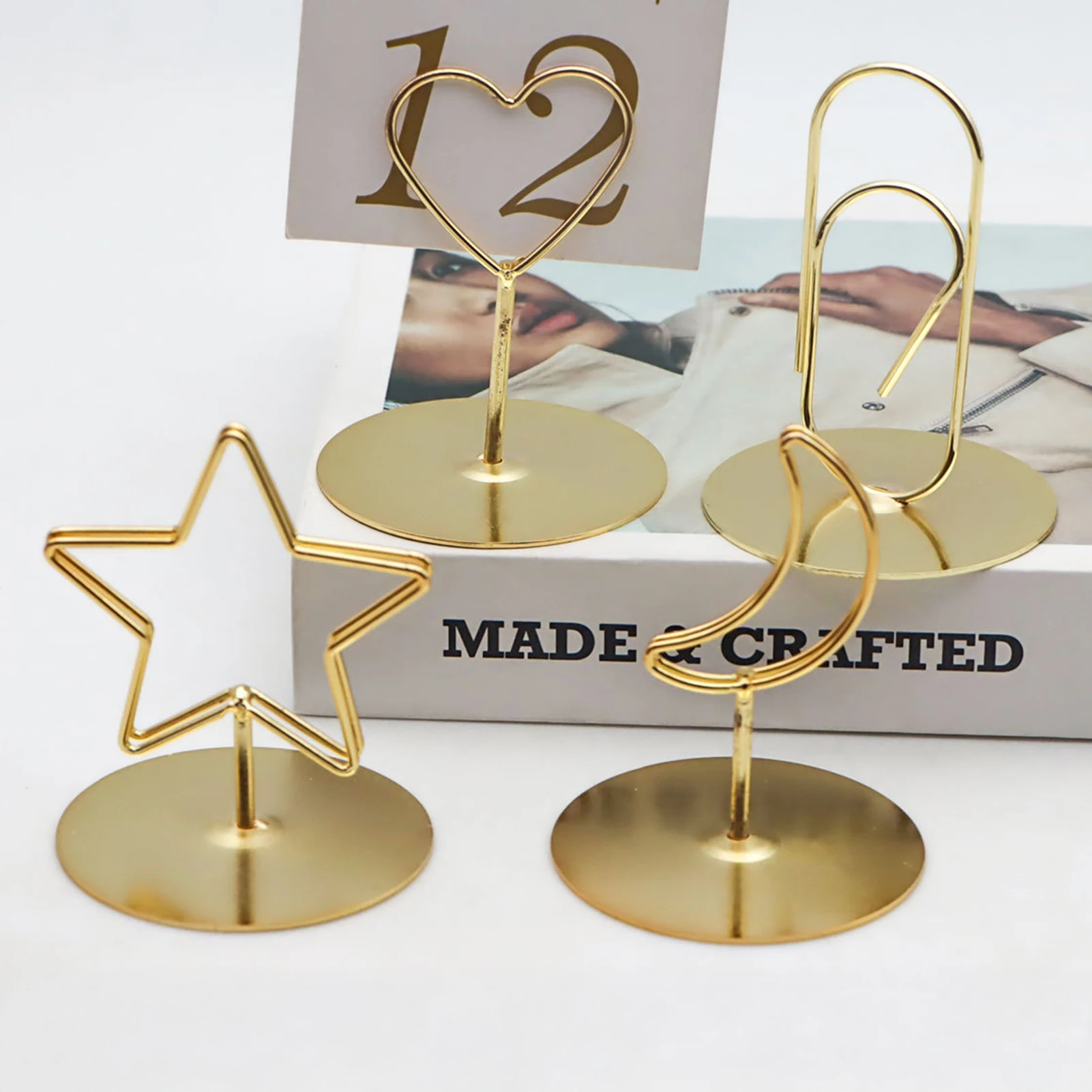 Table Number Gold - テーブルナンバープレイスカードホルダー 星と月のデザイン メタルノートホルダークリップ ネームプレイスカードに最適