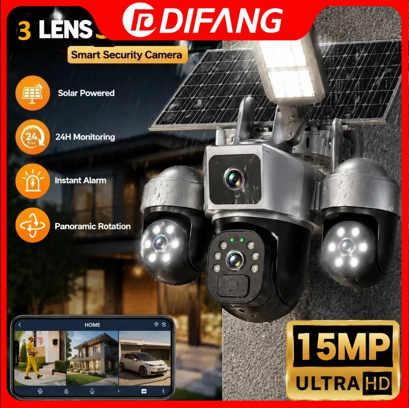 

DIFANG 8K Four Lens 3 Screen Solar Security Camera 10X Zoom Battery WiFi Security Outdoor CCTV Solar