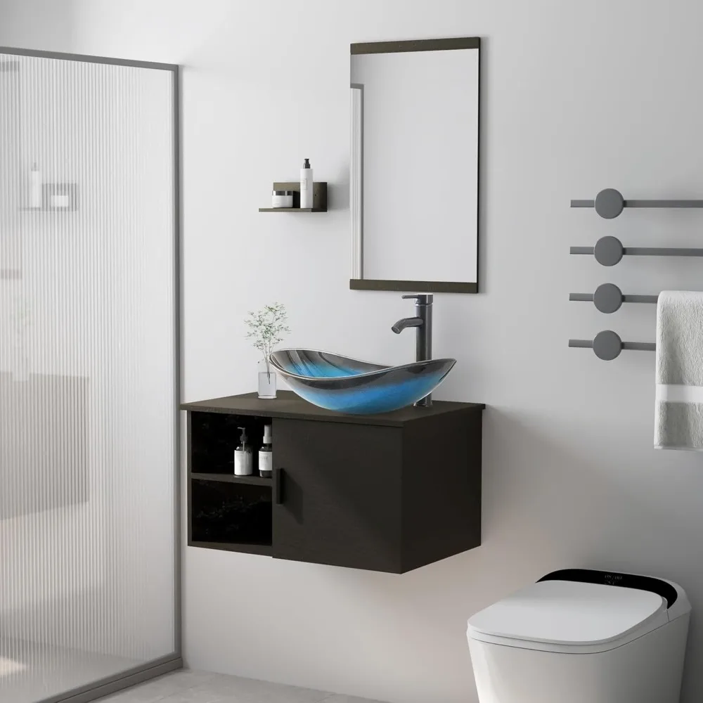 Bathroom Vanity Sink Combo Wall Mounted Floating Cabinet W/One Door, Two Open Shelves Modern Set Space Saver W/Mirror